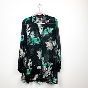 Love & Legend Black White & Green Long Sleeve Sheer Button-Up Blouse